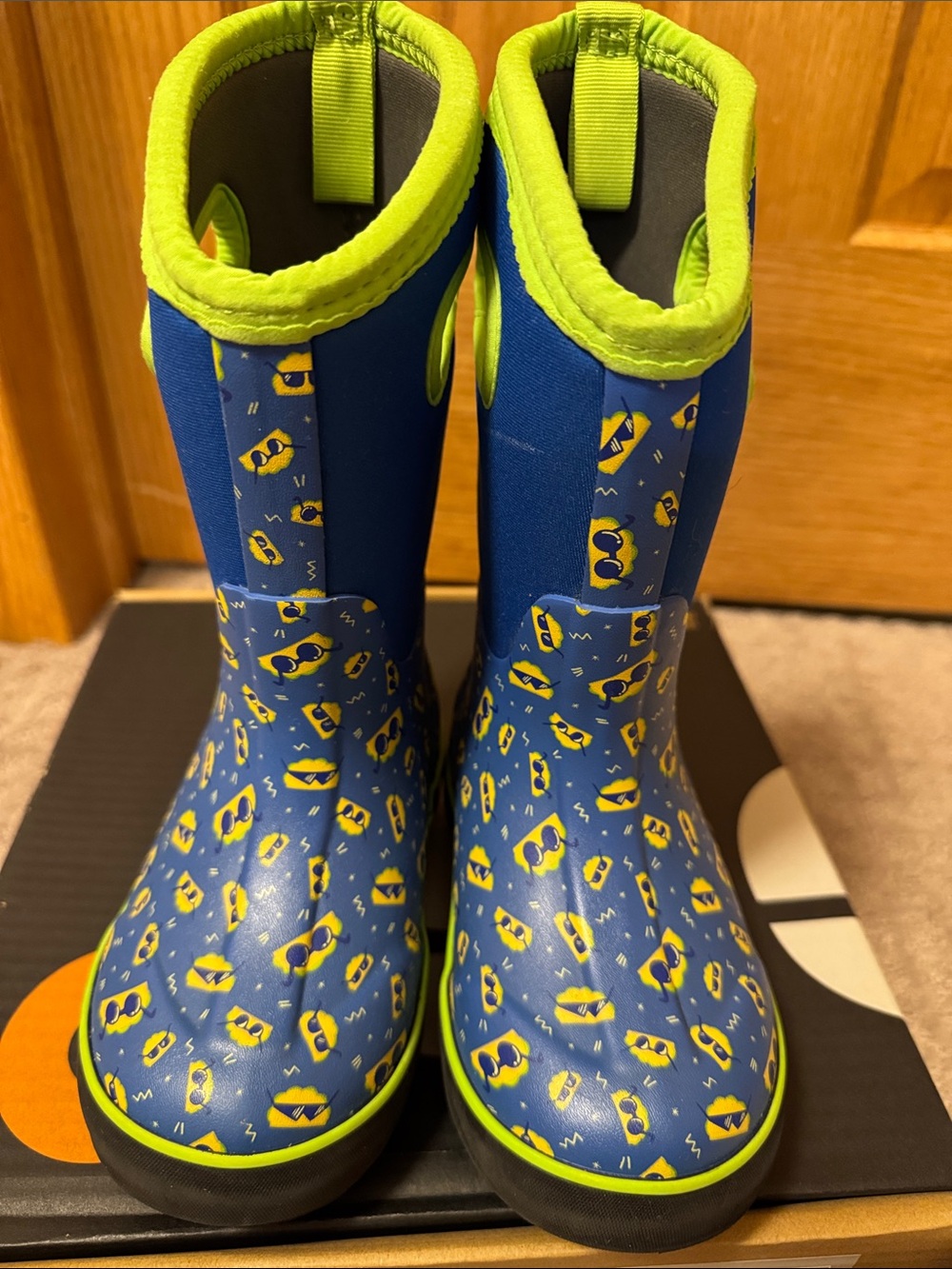 Bogs Kids Blue and Lime Green Rain Boots with Taco Sunglasses Print